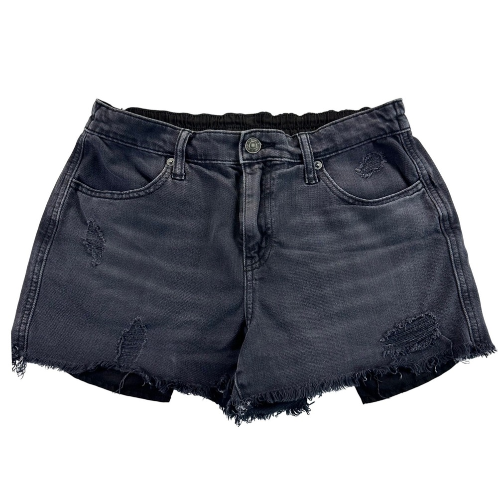 Aerie Womens Small High Rise Distressed Denim‎ Shorts Washed Black Elastic Back